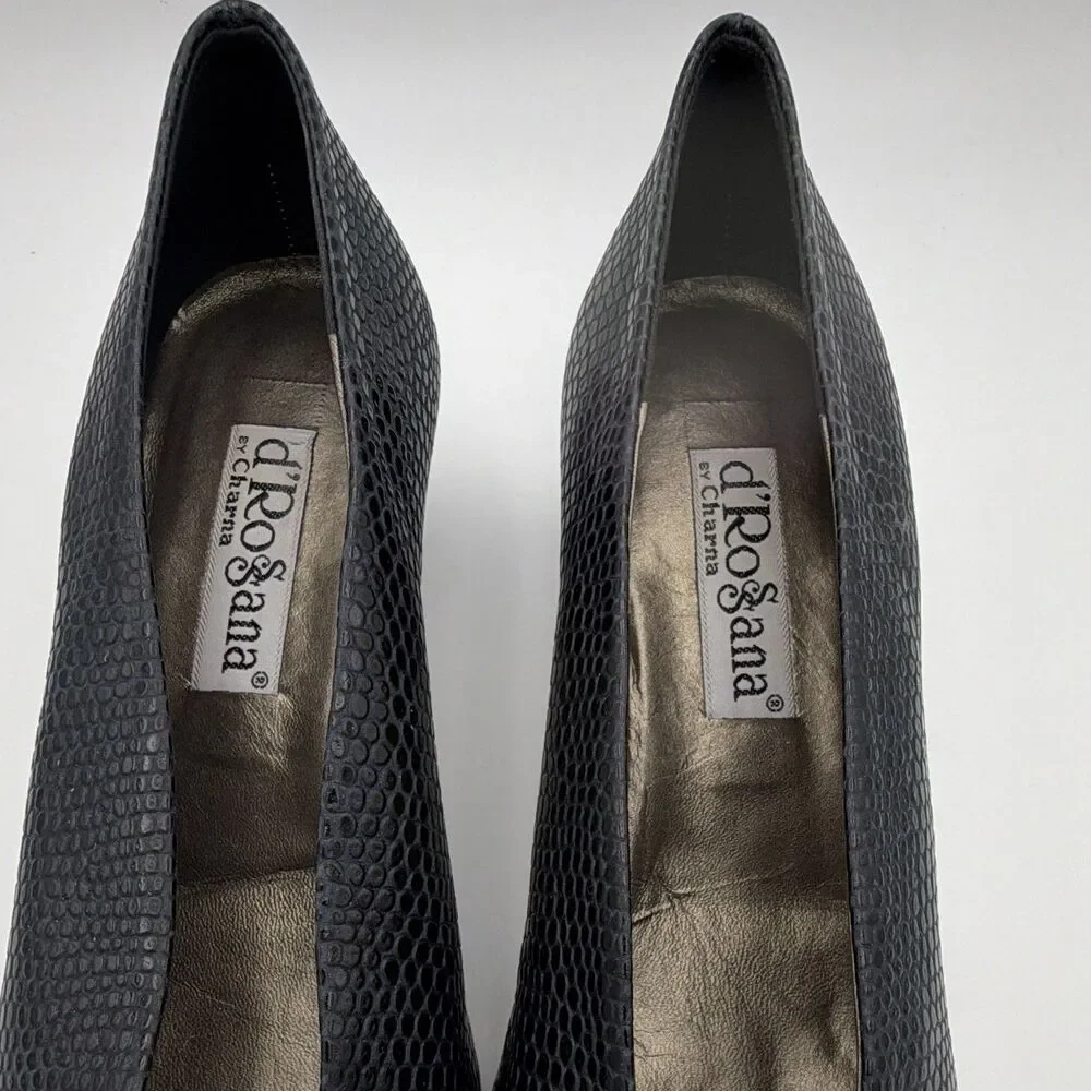 d'Rosana by Charna Black Reptile Embossed Leather Pumps Gold Hardware US 7 M